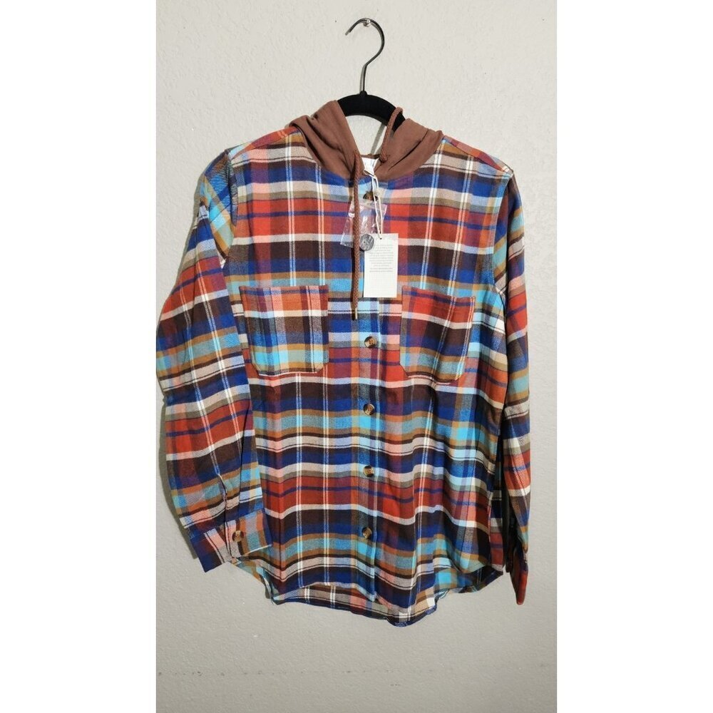 Grace and Lace Shirt Womens Small Multicolor Plaid Flannel Button Hoodie Top